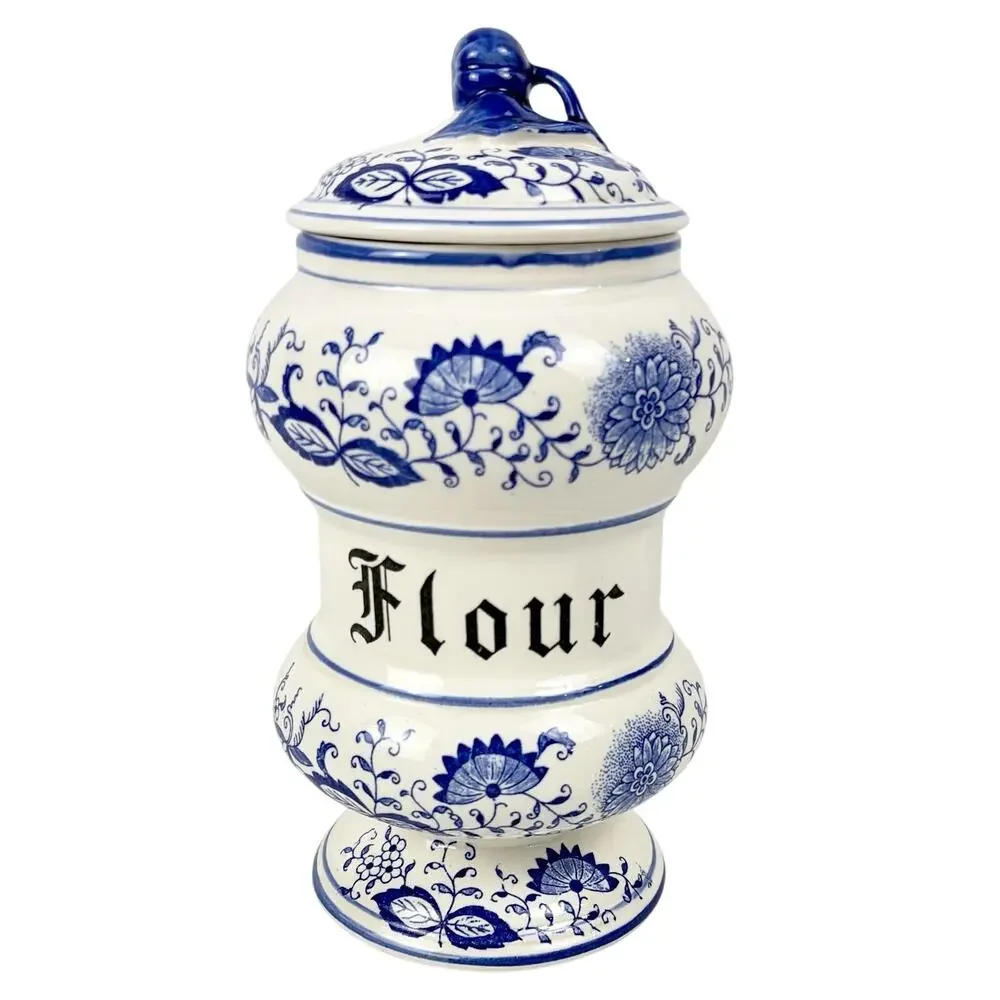 VTG Arnart Blue Onion Danube Ceramic Flour Canister Jar w/Lid White Floral Blue